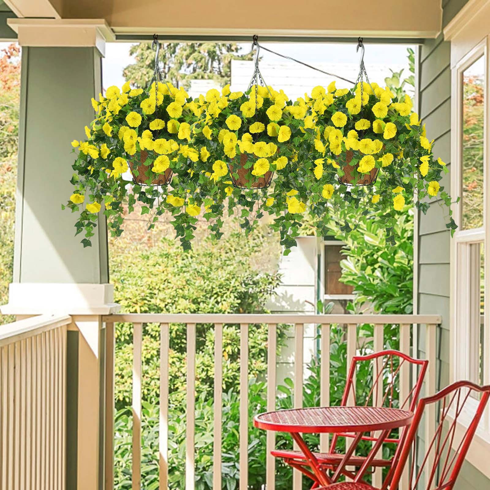 Dwellin Artificial Hanging Fake Flowers with Baskets Plants for Outdoor Decoration Faux Silk Floral Decorations for Spring Planters Home Porch Patio Garden Decor(Yellow)