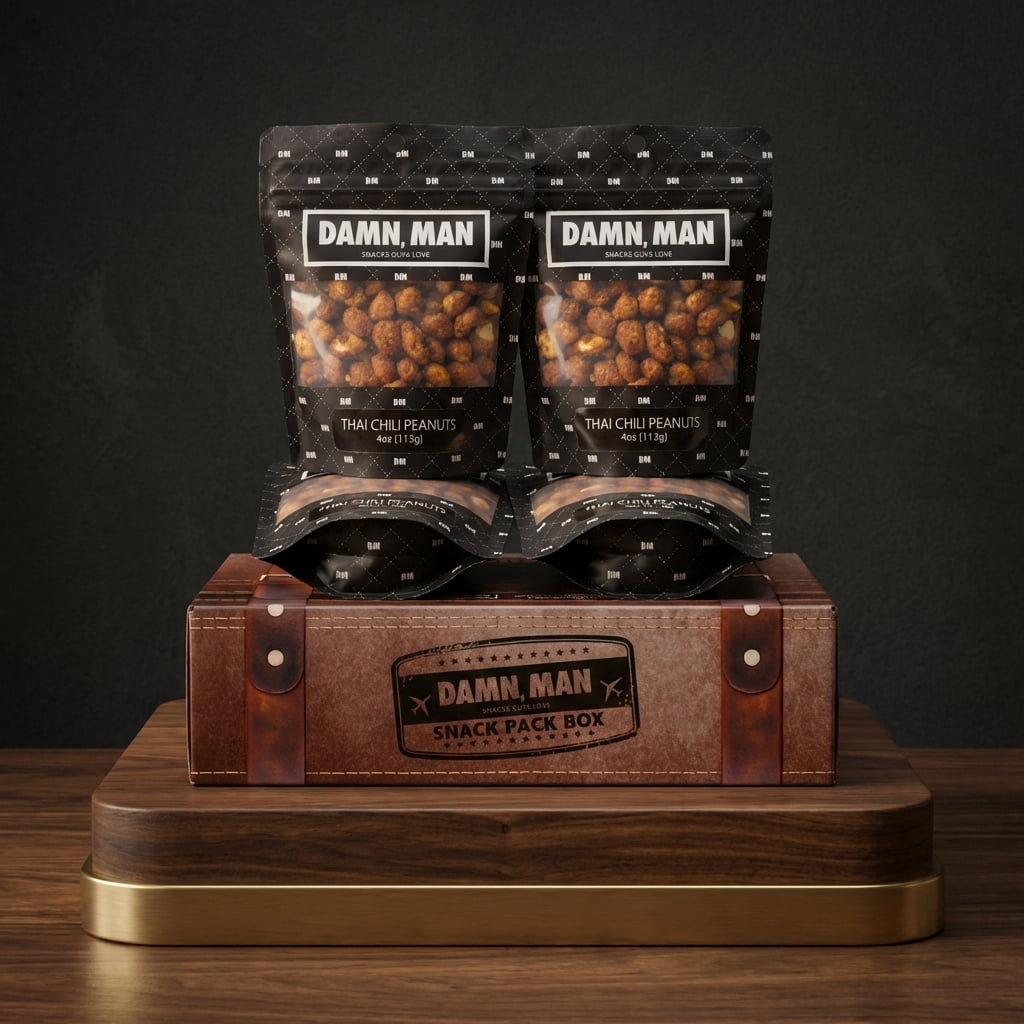 Damn, Man Thai Chili Peanuts Snack Pack Gift Box - 4 Bags Gourmet Nuts - 4 oz. Each - 1 lb Total