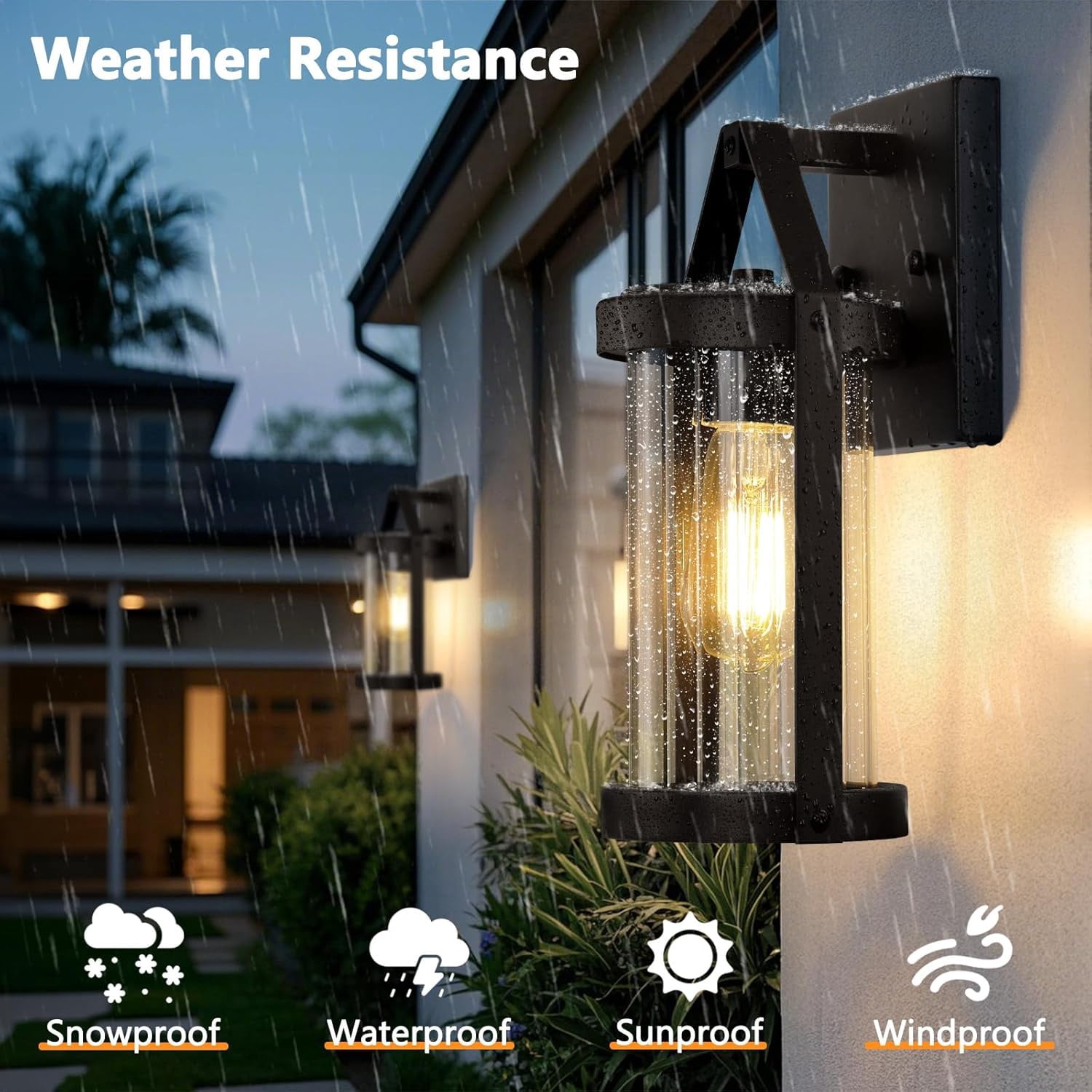 2-Pack Water-Resistant Matte Black Outdoor Wall Lanterns with Clear Ribbed Glass
