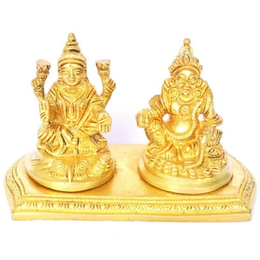 Ashopi Decor Money Lord Kuber and Lakshmi Statue Decorative Showpiece - 10 cm (Brass, Yellow)