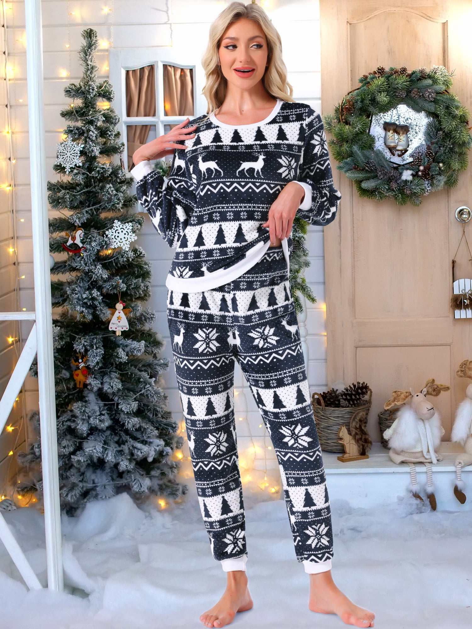 DARING DIVA Women's Fuzzy Fleece Pajama Sets Long Sleeve Top with Pants XL Navy Blue