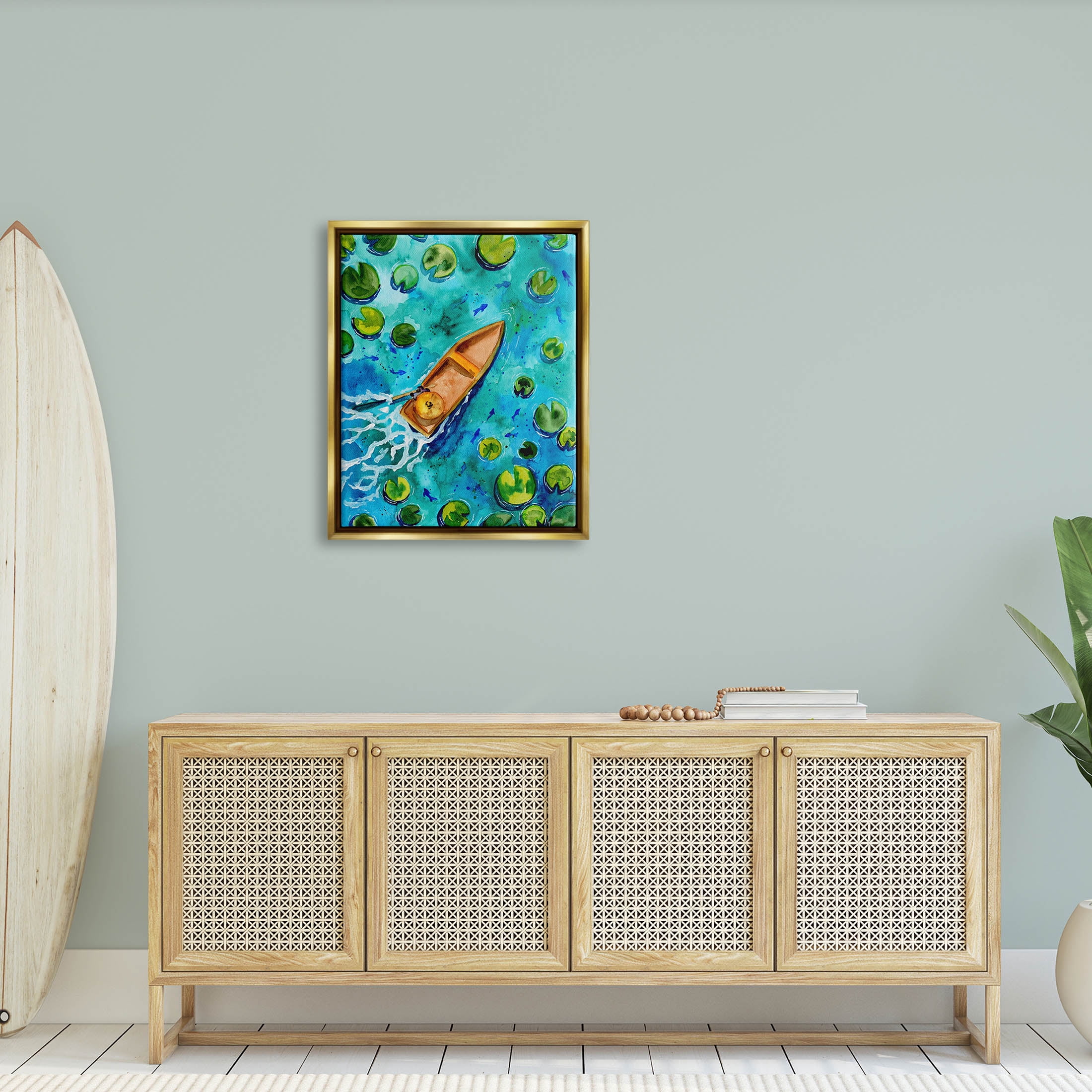 Pond Lilies Lake Boat Splash Transportation Painting Metallic Gold Framed Art Print Wall Art