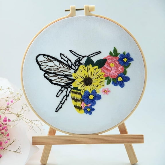 Embroidery Starter Kits Flowers Bee with Pattern and Instructions, Plastic Embroidery Hoops,Threader,Color Threads and Needles,Embroidery Kit for Beginners(IN37)