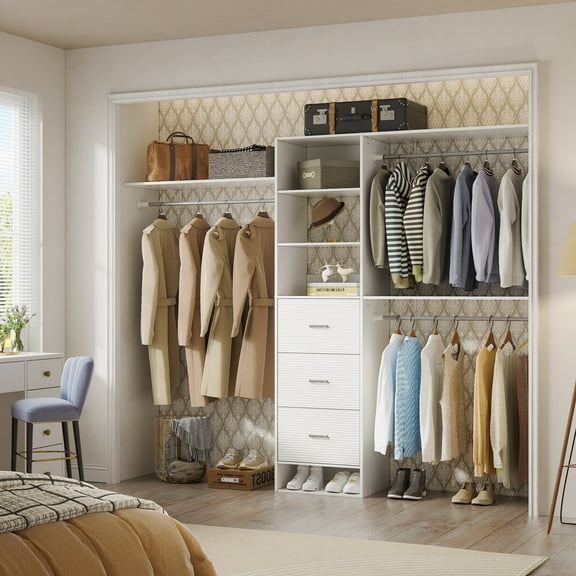 PAKASEPT 96 Inches Closet System, 8FT Wall Mount Bedroom Wardrobe with 3 Shelving Towers & 3 Drawers & 2 Adjustable Shelves, Wood Closet Organizer Walk in Closet Organizers and Storage, Garment Rack