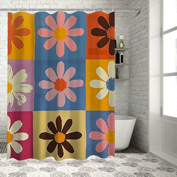 Feiri Flower Squares Pop Art Waterproof Shower Curtain Multiple Sizes 100% Polyester Chic Modern Bathroom Decor with Hooks 36x72
