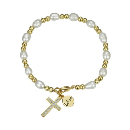 Believe by Brilliance Women's 14Kt Gold Flash Plated Genuine Crysatl Pearl and Cross Charm Bracelet, 7.5"