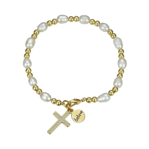 Believe by Brilliance Women's 14Kt Gold Flash Plated Genuine Crysatl Pearl and Cross Charm Bracelet, 7.5"