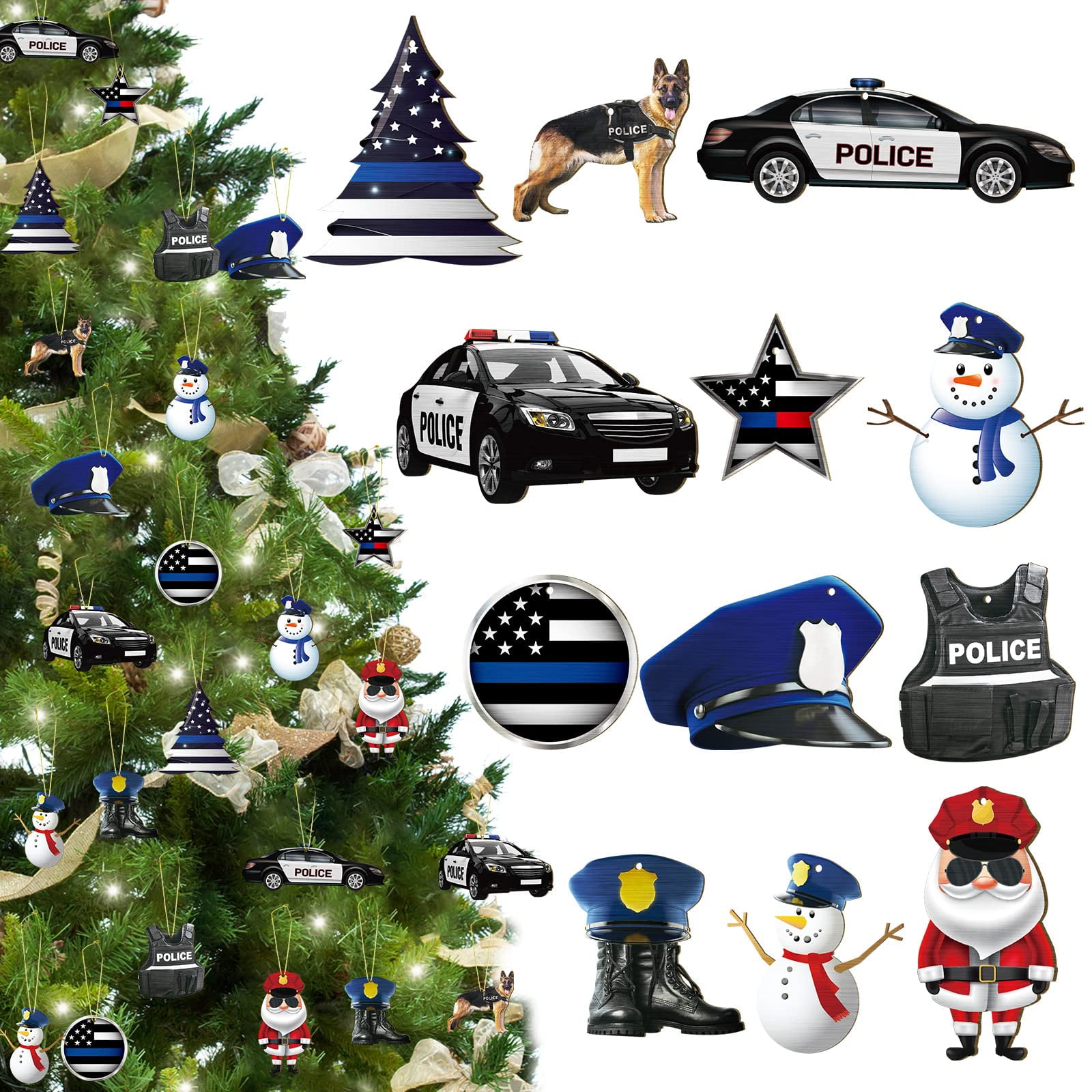60 Pieces Police Christmas Ornaments Police Shield Car Wooden Ornaments
