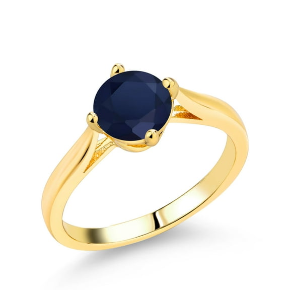 Gem Stone King 1.00 Cttw Blue Sapphire Yellow Gold Plated Solitaire Ring for Women | Round 6MM | Gemstone Birthstone | Size 6