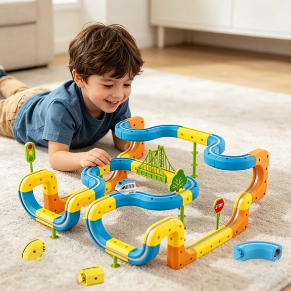 VEAIS Children's Train Set, 118 Pieces 3D Flexible Raceway Set, Montessori STEM Train Track Toy
