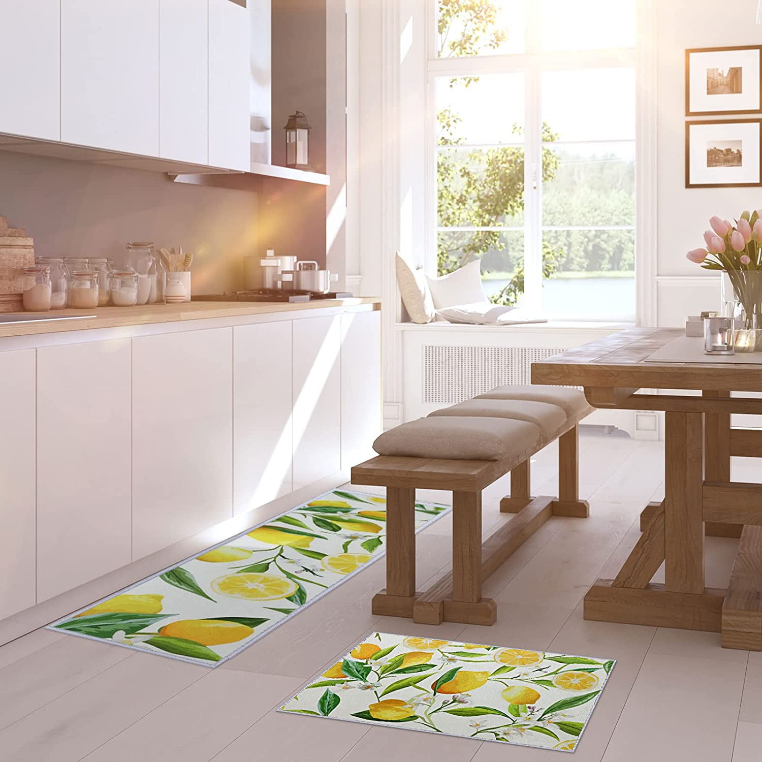 2 Pieces Lemon Kitchen Rugs Set Farmhouse Kitchen Rugs Fruit Runner Rugs Non Slip Rubber Backing Area Rug Lemon Doormat Washable Indoor Outdoor Mats Country Kitchen Decor, 17'' x 30'', 17''x 47''