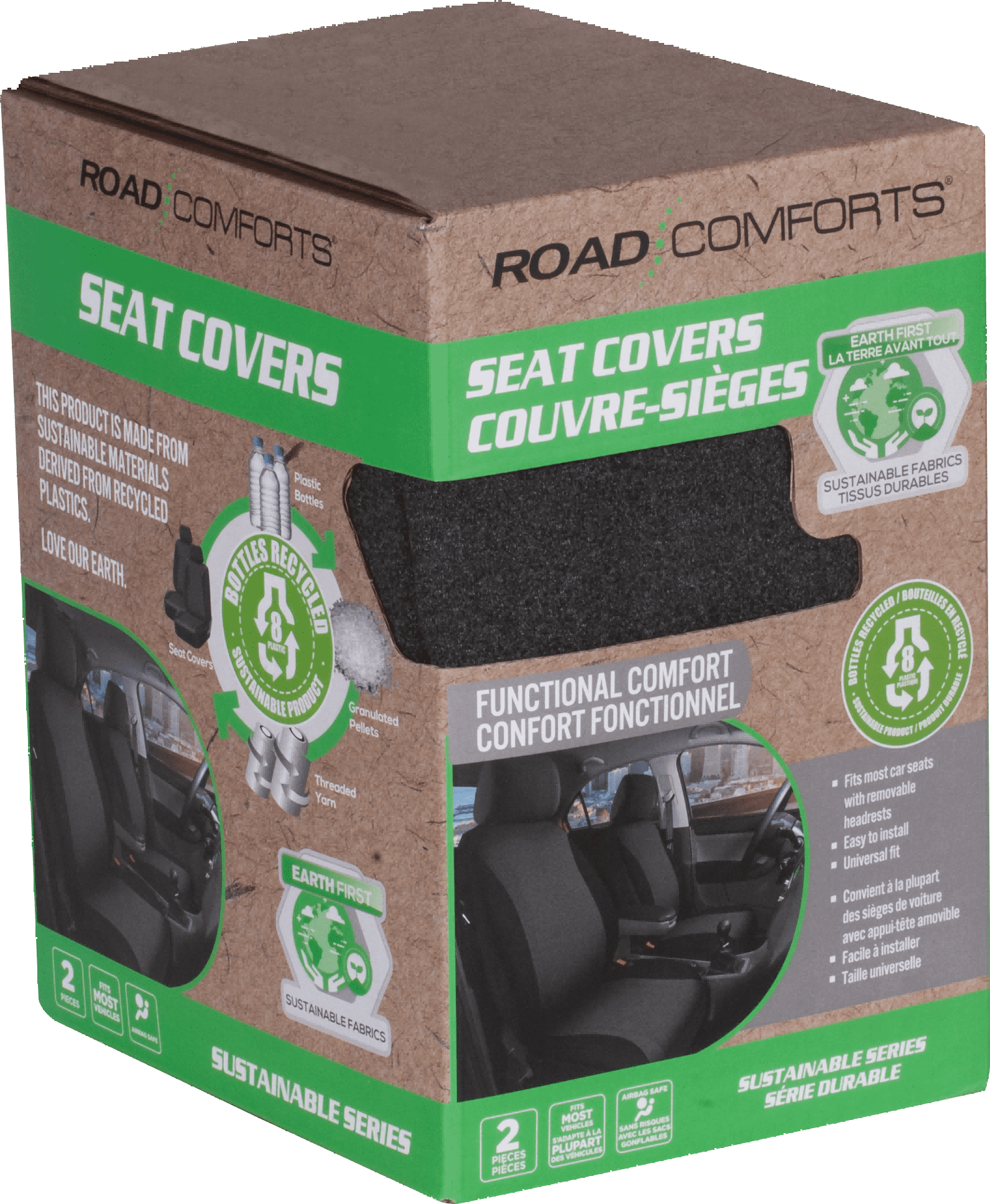 Housses Éco-Responsables RoadComforts x2 – Noir/Gris Convient à la plupart des voitures, camions et SUV.