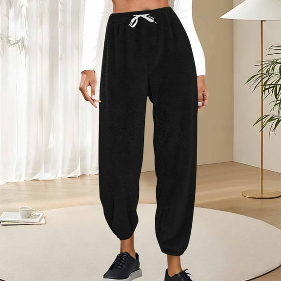 AUNVITO Women's Fleece-Lined Jogger Pants Elastic Waistband Cuffed Ankles Solid Color Winter Thermal Soft Warm Casual Lounge Pants