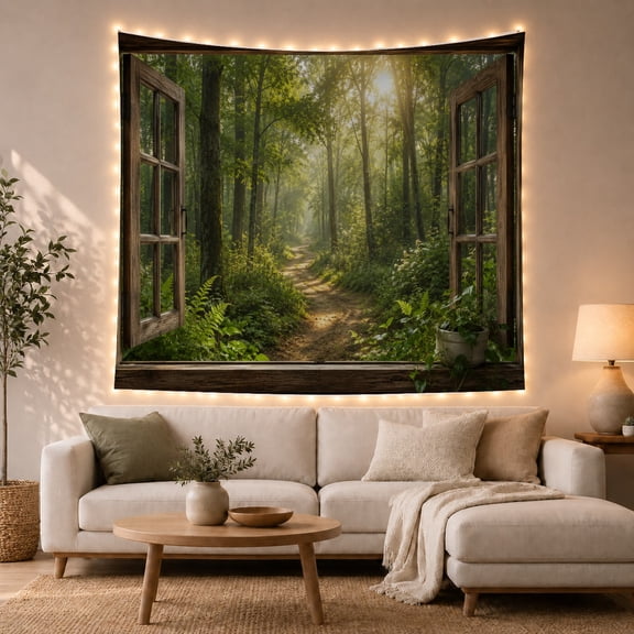 Sunlit Forest Path Through an Open Window, Serene Digital Art for Nature Lovers, Woodland Wall Art, Housewarming Gift Tapestry Wall Hanging for Bedroom, Living Room and Study Room