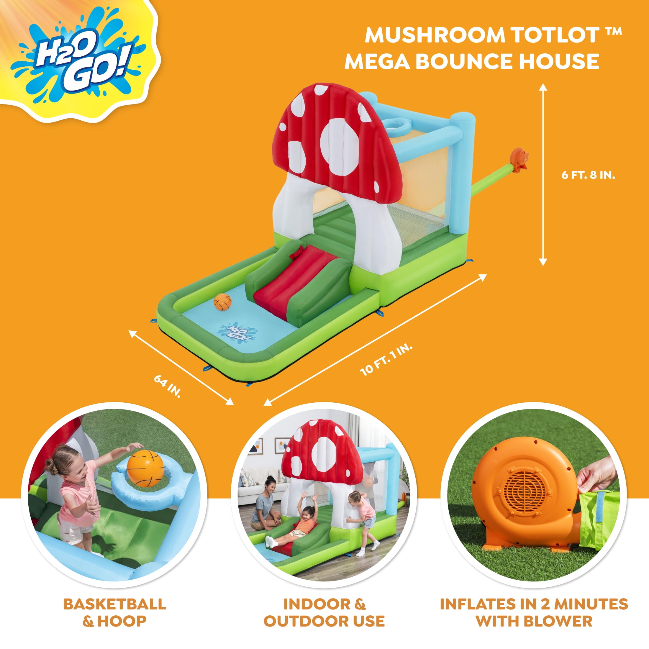 H2OGO! Mushroom Totlot Bounce House with Pool & Basketball Hoop, Indoor/Outdoor, Ages 3+
