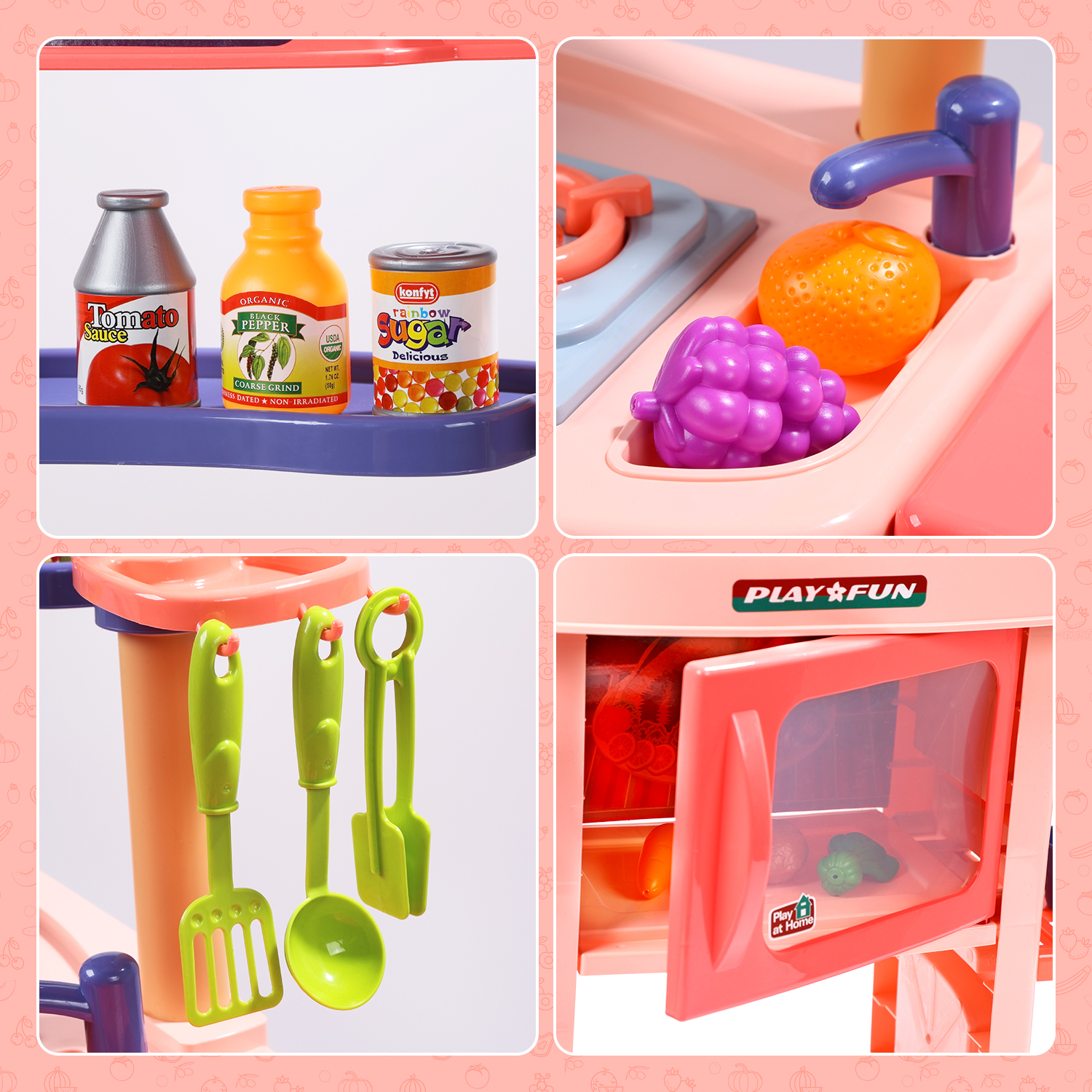 JoyStone Wooden Play Kitchen Set, Pretend Kitchen Toy with Ice Maker, Stove, Oven, Sink, Accessories, Modern Style Kitchen Playset for Kids and Toddlers Age 3+, Pink