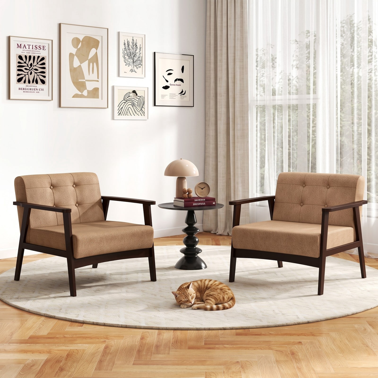 Furnibear Upholstered Accent Chair, Mid-Century Rubber Wood Armchair with Linen Padded Seat and Button-Tufted Backrest for Living Room Bedroom Reading Nook, 330, Beige