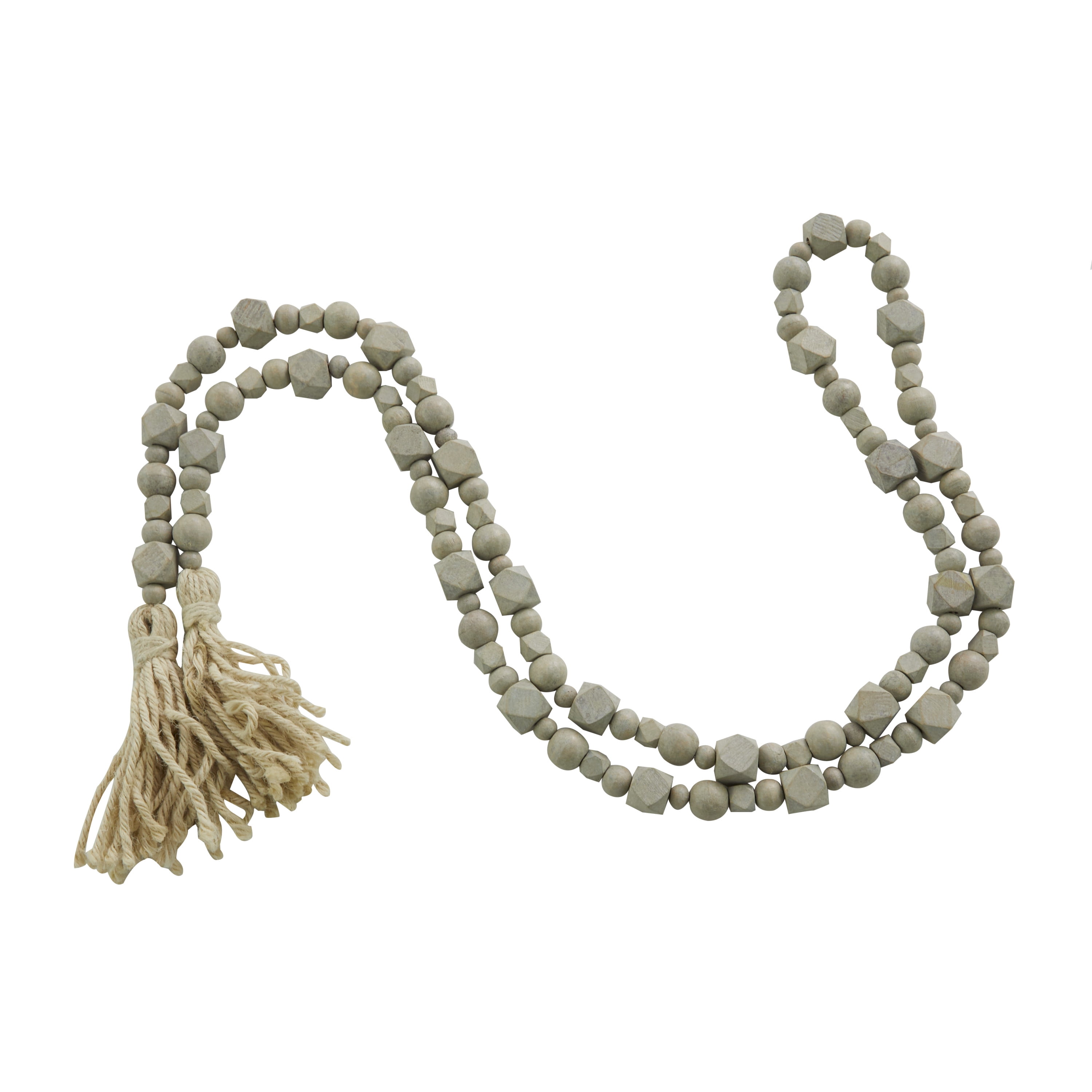 DecMode Gray Wood Bohemian Garland Décor with Geometric Bead Details and Cream Cotton Tassel, 81"L