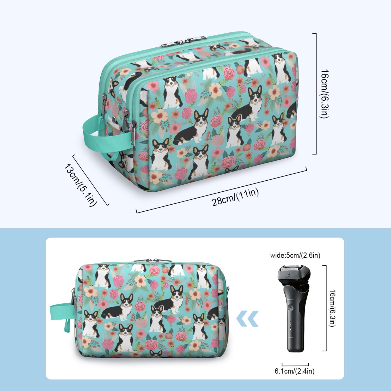 Toiletries Bag,Corgi Dog and Flowers Mens Womens Toiletry Bag Bathroom Bag,Waterproof Toiletry Travel Bag Dopp Kit Shaving Bag 11x6.3x5.1 Inch