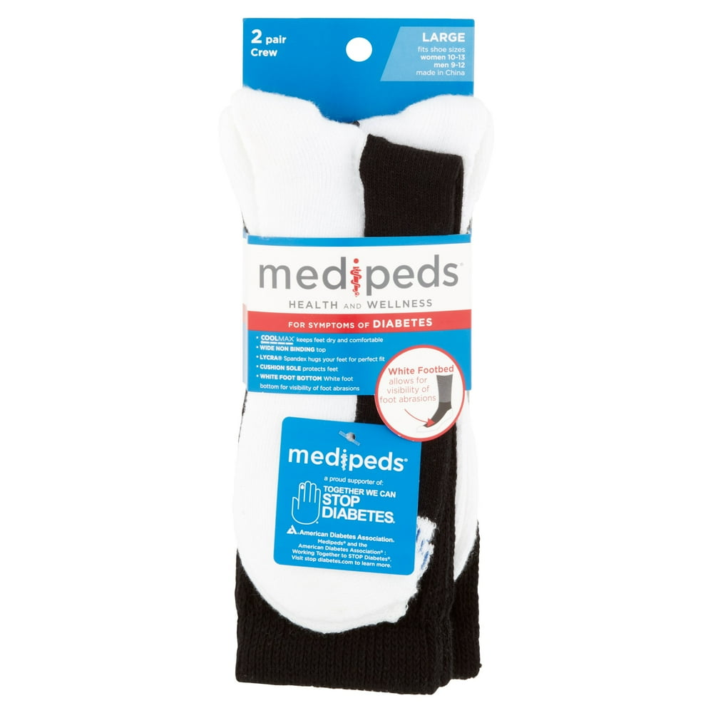 Medipeds Health and Wellness Black w/ White Large Crew Socks, 2 count