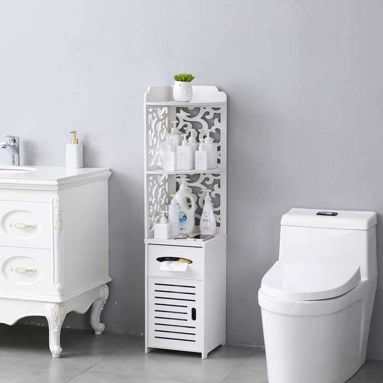 Modern White & Rose Gold Slim Bathroom Storage Cabinet Freestanding Toilet  Paper Holder