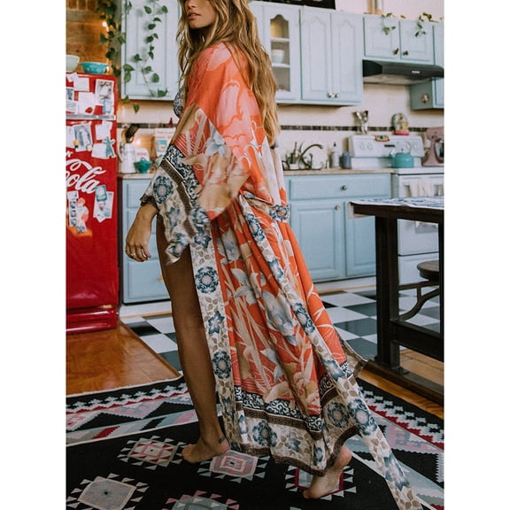 Rayon Crane Flower Vacation Kimono Cardigan Sunscreen Shirt Bikini Robe Beach Cover-Up