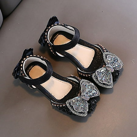 

LRJTENG Girls Sandals Fashion Spring And Summer Girls Sandals Dress Dance Show Princess Shoes Flat Bottom Rhinestone Mesh Bow Ribbon Black