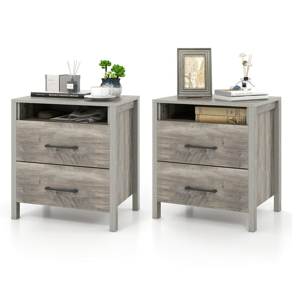 Gymax 2 PCS Nightstand w/ 2 Drawers Farmhouse Bed Side Table w/ Open Storage Shelf
