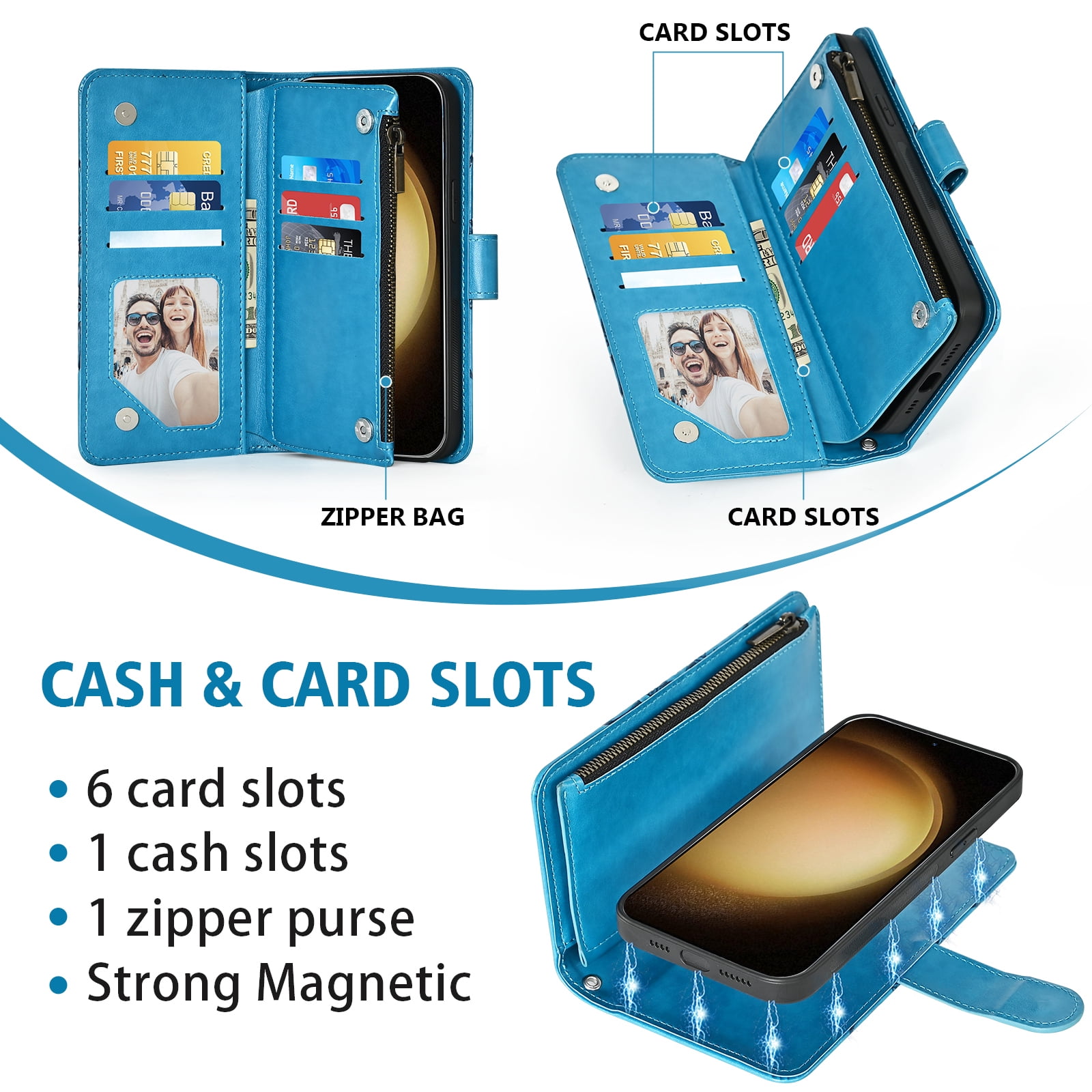 Asuwish Phone Case for Samsung Galaxy S23 Plus S23+ 5G Zipper Wallet Magnetic Detachable Cell Cover with Tempered Glass Screen Protector Crossbody Strap Flower Card Holder Slot S23plus Women Blue