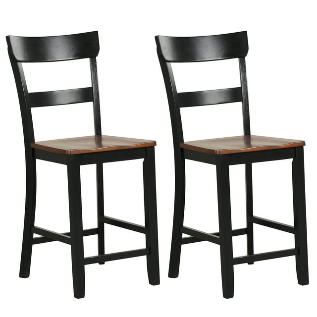 Costway Wooden Bar Stool Set of 2 Bar Chairs with LVL Rubber Wood Frame, Backrest, Footrest Black