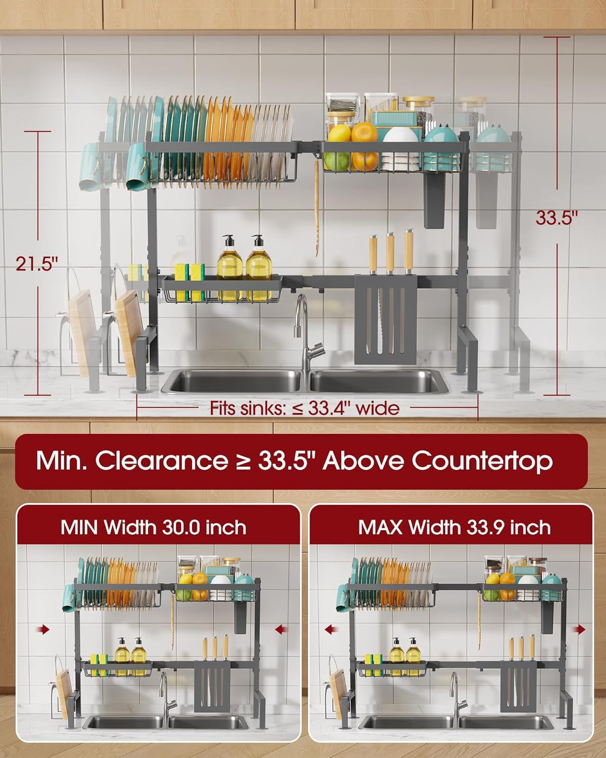 Over The Sink Dish Drying Rack - Adjustable Capacity Stainless Steel Drainer with Cutlery & Utensil Holders, Kitchen Storage & Organization