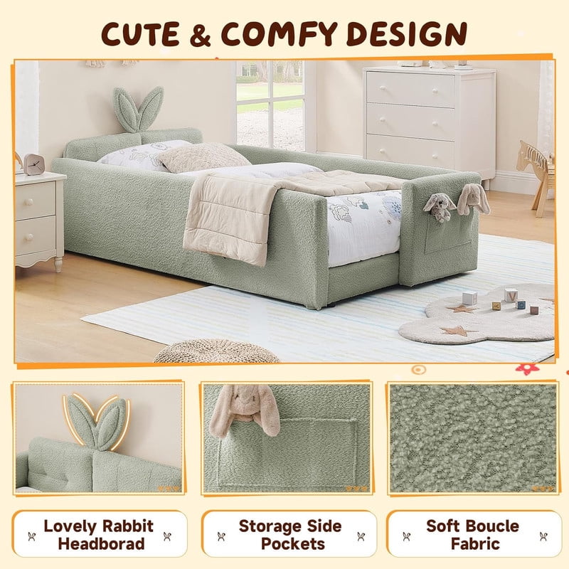 Twin Size Upholstered Platform Bed with Rabbit Ear Headboard, Kids Floor Bed with Storage Pocket & Safety Guardrail, No Box Spring Required