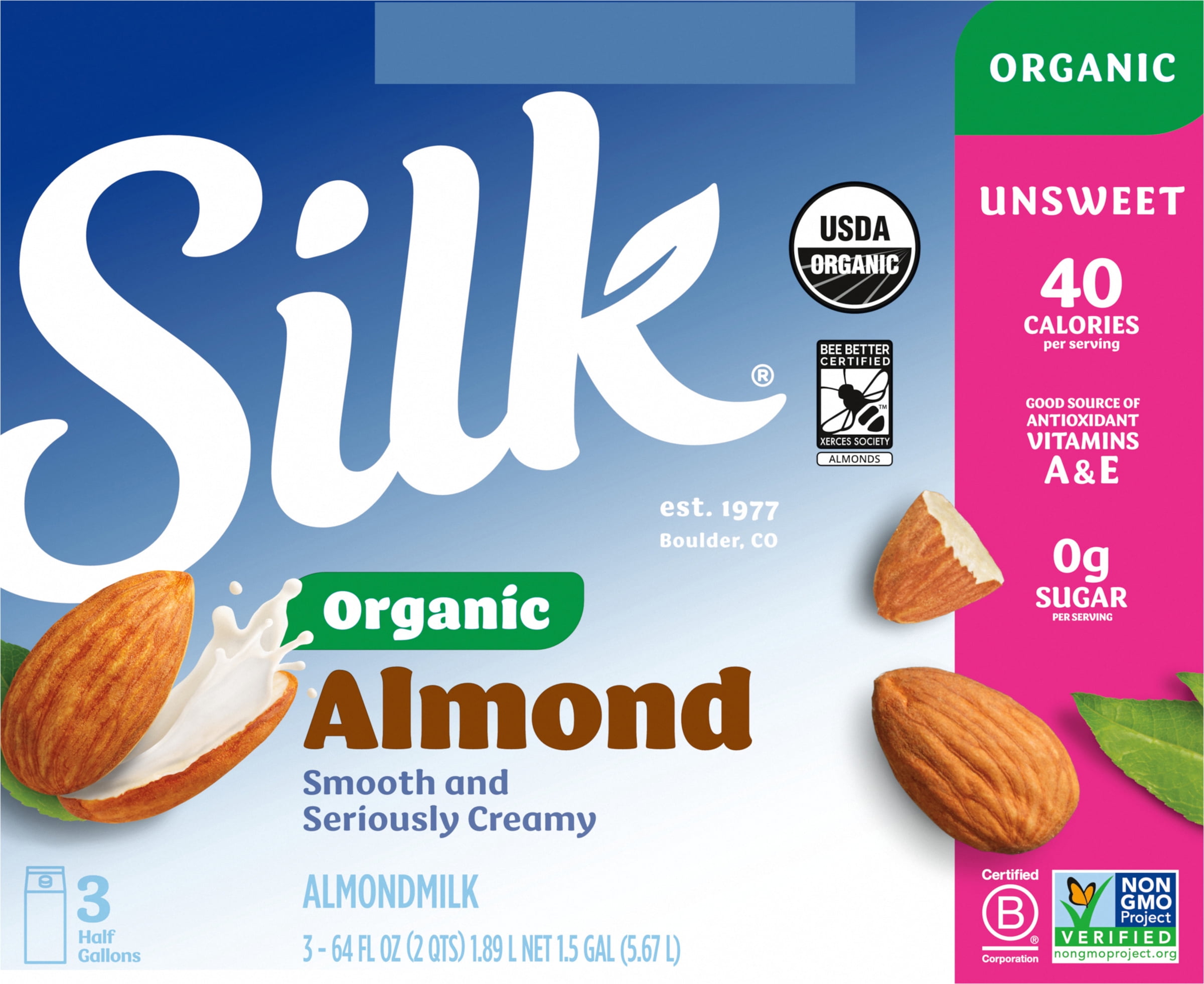 Silk Almond Milk, Organic Unsweet, Dairy Free, Gluten Free, 3 Ct, 64 FL OZ Half Gallon