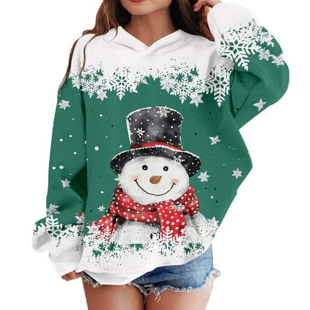 WhouRiu Big Girl s Hooded Sweatshirt Snowman Long Sleeve Oversized Tops Child Xmas Holiday Loose Sports Hoodies Green Sized 9-10