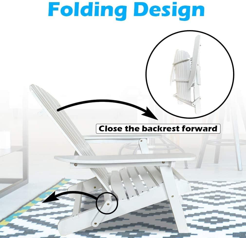 Adirondack Chair Outdoor Wooden Patio Chairs Folding Weather Resistant Lawn Chair w/Arms, Modern Reclining Seating Fire Pit Chair for Deck Backyard Garden Bench Pool, White
