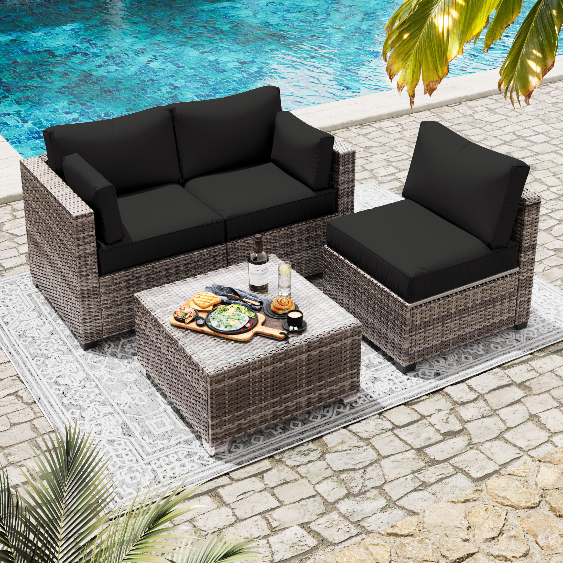 Kimunuk Outdoor Replacement Cushions for Patio Furniture, 4" Foam High-Density, 8-Piece Water-Resistant Outdoor Cushion for 3-Seat Sectional Patio Conversation Sets, Liner&Cover, Black