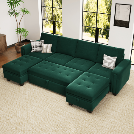 Belffin U Shape Pull Out Couch with Storage Ottoman Convertible for Living Room 6 Seater Green