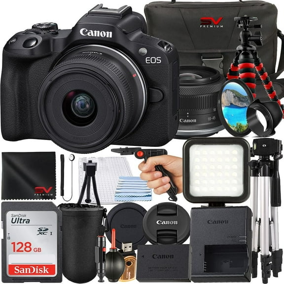 Canon EOS R50 Mirrorless Camera with RF-S 18-45mm Lens   SanDisk 128GB Memory Card   Case   UV Filter   Tripod   SV Premium Accessory Bundle (International Version)