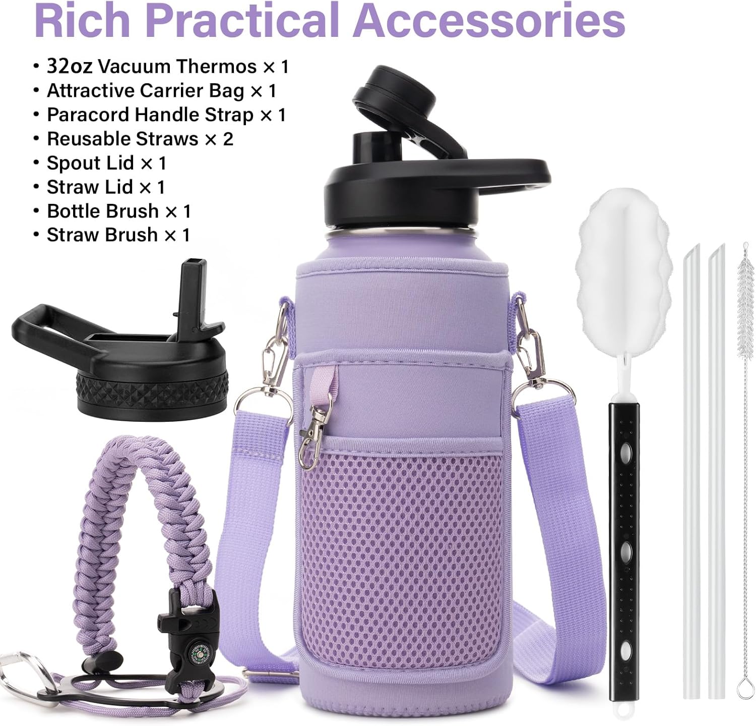 Water Bottle | Thickened Stainless Steel Vacuum Metal | Portable Sports Water Jug for Gym and Hiking with Straw, Carrier Bag, Handle Strap | BPA-Free 32 oz, Black