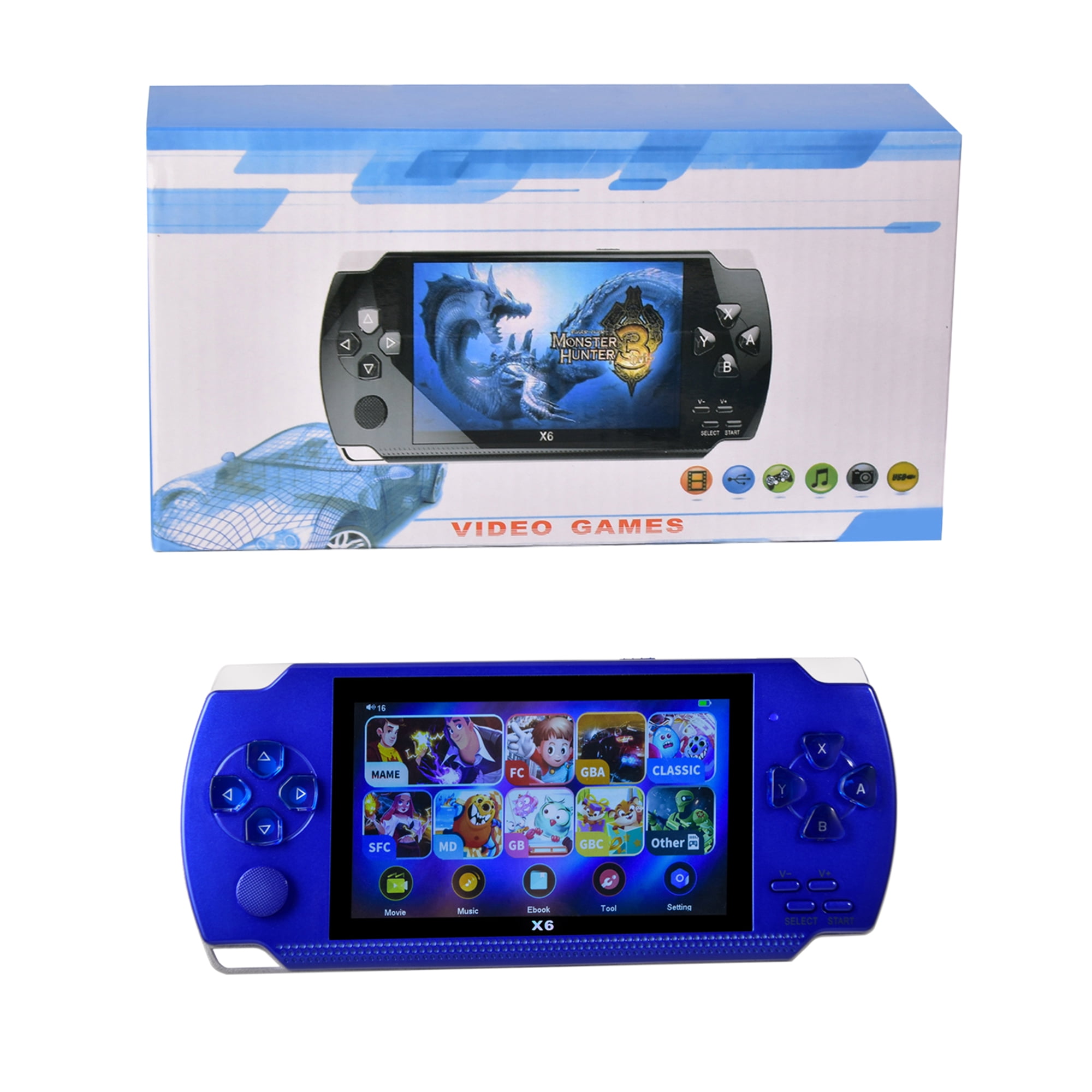 PSP Handheld Game Machine X6,8GB,with 4.3 Inch High Definition Screen,  Built-in Over 9999 Free Games,Blue 