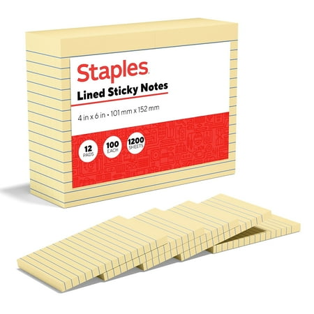 Staples Stickies Lined Standard Notes 4" x 6" 100 Sh./Pad 12 Pads/PK S-46YR12
