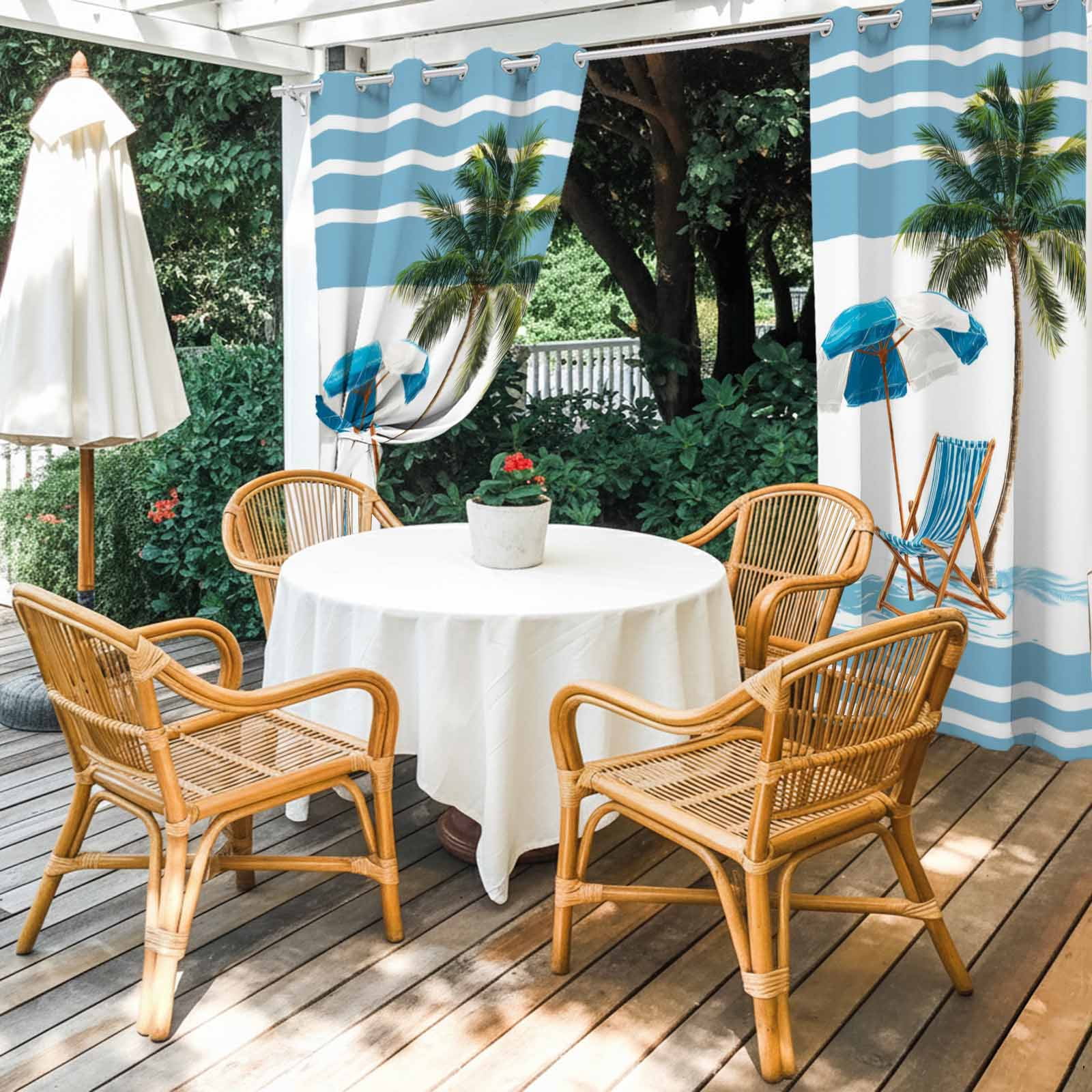 Summer Outdoor Curtains for Patio, Beach Scene Sun Umbrella Palm Trees Blue Stripes Modern Sunshade Privacy Drapes Grommet Waterproof Outside Curtains for Porch/Cabana/Balcony 54"x 108", 1 Panel