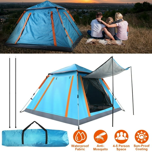 4-5 Person Pop-Up Camping Tent, Instant Setup Family Tent with 2 Mosquito Nets Windows, Portable for Hiking, Backpacking & Outdoor Adventures, Waterproof & Windproof--Blue