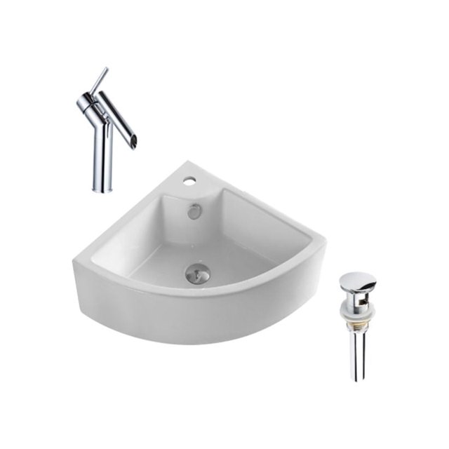 DROP Bath and Kitchen DR091265 Bathroom Vessel Sink Set with a white ceramic triangular vessel sink designed for corner wall-mount installation, including a chrome single hole faucet and chrome drain with overflow, all with a glossy finish, ideal for compact bathroom spaces.
