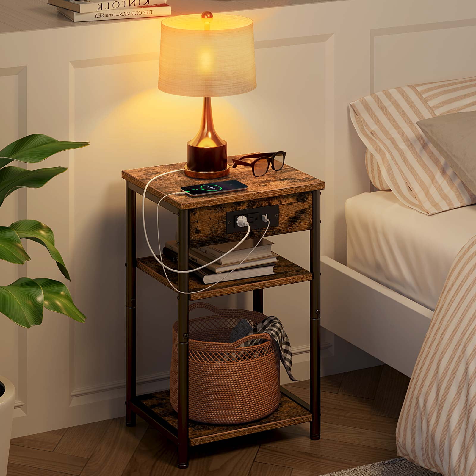 Rolanstar End Table with Charging Station, Set of 2 Nightstands with 3