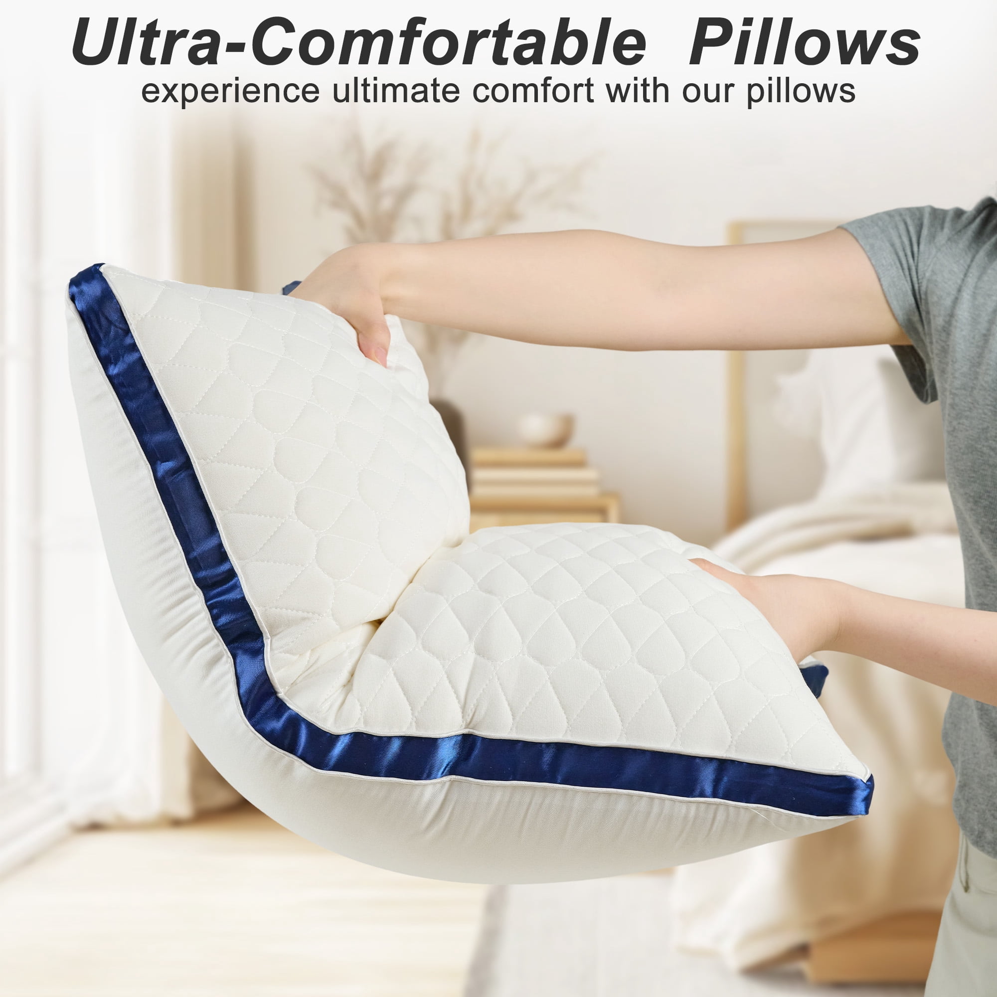 Pillow for Bed, 2 Pack Standard Bed Pillows, Gusseted Quilted Pillows for Side, Back or Stomach Sleepers
