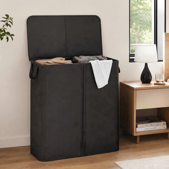 Norcho 160L Double Laundry Hamper with Lid, Divided Laundry Basket with Removable Bags and Handles, Separated Clothes Basket, Black, Back to School