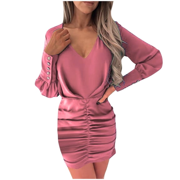 AOOCHASLIY Clarance Dresses for Women 2022Women's Fashion Temperament V Neck Solid Color Shirring Long Sleeve Slim Dress