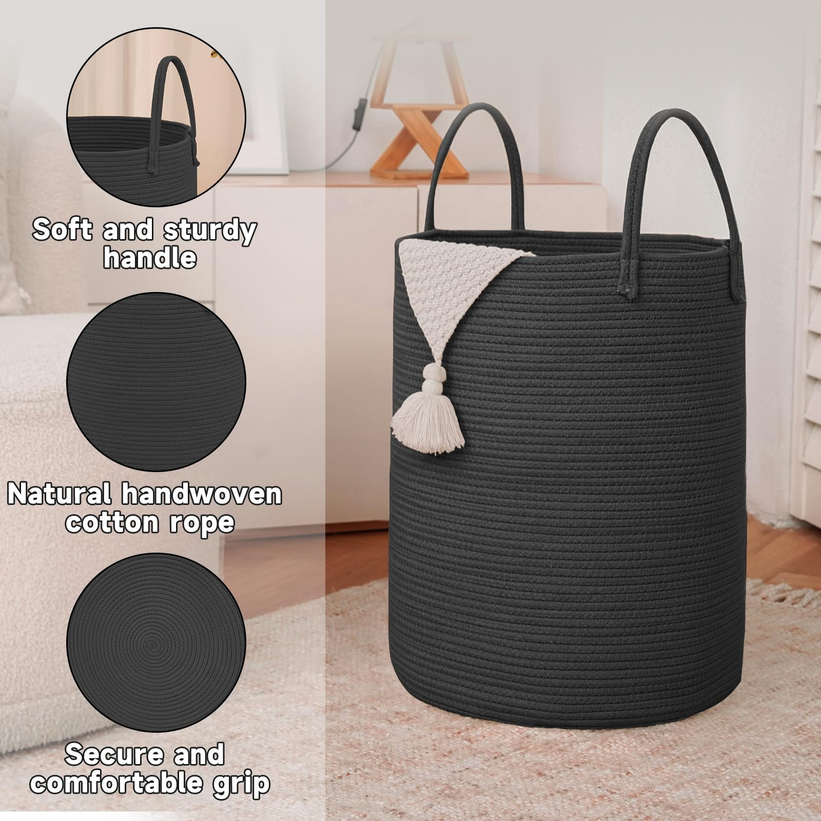 Large Woven Laundry Basket Hamper,60L Cotton Rope Storage Bin for Blankets,Toys and Clothes,Decorative Tall Nursery Hamper for Living Room,Baby Nursery,Bathroom and Bedroom