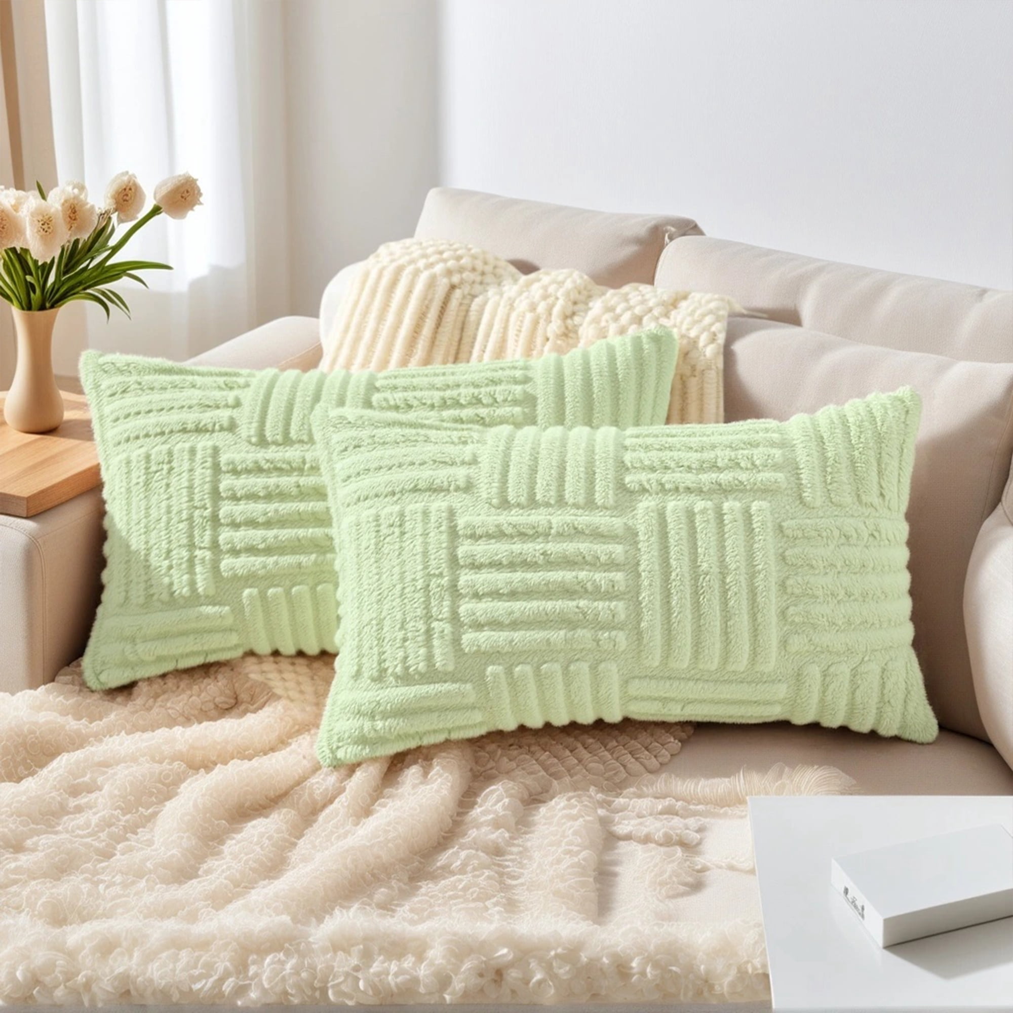 Unique Bargains Set of 2 Striped Soft Decorative Couch Pillow Cases Green 12" x 20"